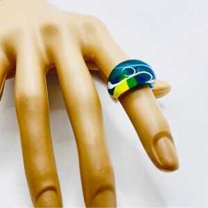 Vintage Clear Reverse Painted Plastic Bubble Ring Yellow Green Blue Size 5.25